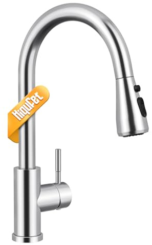 Hiqufet Kitchen Tap, Kitchen Mixer Taps with Pull Down Sprayer, Stainless Steel High Arc Single Handle Kitchen Sink Tap for Pot Filler, Polished Chrome