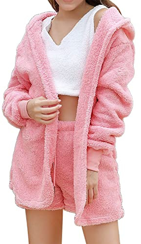 Pyjama Pilou Pilou Femme Polaire Pyjama Set Hiver Sexy Ensemble de 3 Pièces Hiver Chaud Pyjamas Manches Longues Velours À Capuche Veste Manteau Short Crop Top Vêtements d'Intérieur Pour La Maison