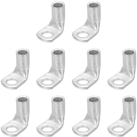 sourcing map 3AWG - 1/4 Copper Wire Lugs, 90 Degree Bent Battery Cable Ends Battery Lugs Ring Terminals Connectors Bare Copper Eyelet for Marine Electrical Supplies (Silver, 10Pcs)