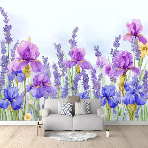 Viola Carta da parati murale, Acquerello Farfalle Fiori Lavanda murale in tessuto non tessuto, poster design moderno per soggiorno cucina sala da pranzo camera da letto 250 x 175 cm