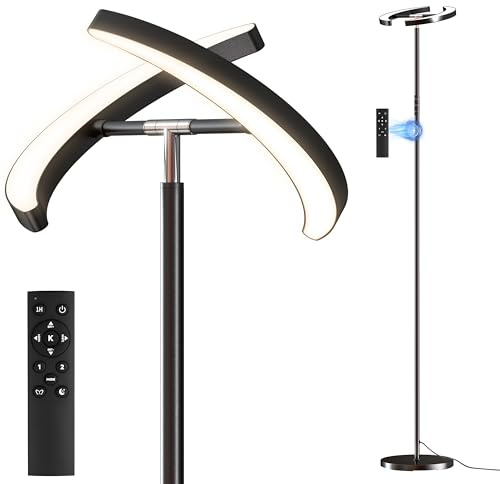 Stehlampe Wohnzimmer, Mukuxin 36W Deckenfluter mit Fernbedienung & Touch-Steuerung, 3000-6000K 2600lm Stehlampe mit 2 Leuchtenköpfen, Moderne Dimmbar Standleuchte für Wohnzimmer Schlafzimmer Büro