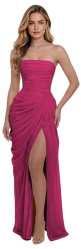 Corsé sin tirantes para mujer, vestidos de graduación estilo sirena con pliegues de gasa, vestido de invitada de boda largo, vestido de noche formal con abertura, fucsia, 38
