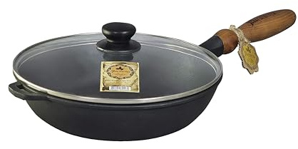 Nasha Maysternya Gusspfanne Bratpfanne aus Gusseisen Gussbratpfanne mit Glasdeckel 26cm T305C3