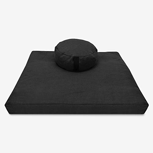 Meditation Cushion Mat Set HEMP - Round Zafu Floor Pillow Organic Buckwheat Pillow + Cotton Filled Zabuton Prayer Pad - Meditation Pillow Yoga Knee Pad - Made in USA - 14 Round, BLACK Hemp