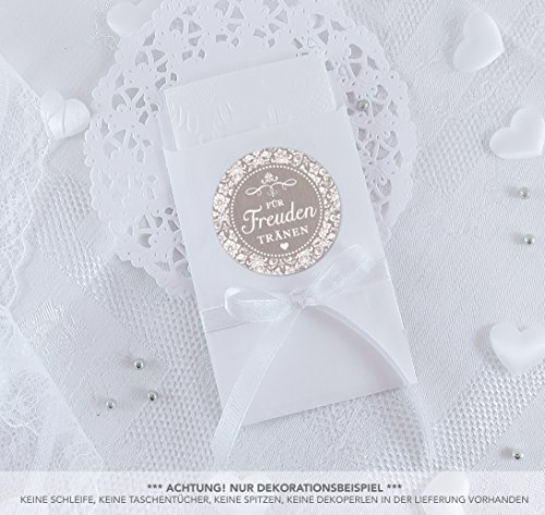 Freuden Tränen Taschentücher Set zur Hochzeit Groß 48 Sticker + 48 weiße Flachbeutel - 63 x 93 mm für Freudentränen Taschentuch Verpackungen Aufkleber mit Ornamenten im Vintage Look in SAND