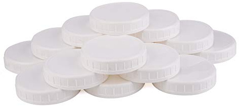Two Dozen Wide Mouth Plastic Mason Jar Lids (24-Pack Bundle); 2 Dozen Unlined White Ribbed Lids