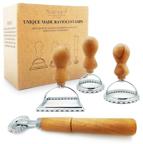 Plantvibes 3 cortadores de Ravioli con mango de madera y 1 cortador redondo - fácil de usar - ideal para pastelería