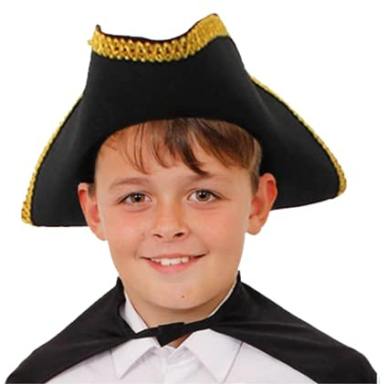 X1 Kids Black Tricorn Hat - Children’s Pirate Captain and Highwayman Fancy Dress Accessory - 55cm Head Size - Perfect for World Book Day, Colonial Outfits and School Plays