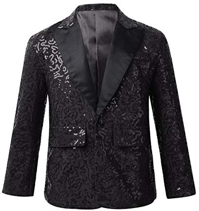 Agoky Boys Lapel Shiny Sequins One Button Suit Tuxedo Jacket Costume Prom Wedding Page Boy Wear Black 9-10 Years