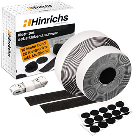 Hinrichs Klettband Set schwarz – 10m x 2cm Klettband Selbstklebend extra stark + 20x Klettpunkte selbstklebend Ø 2cm - Klettverschluss Klebeklett Klettstreifen selbstklebend Inkl Maßband