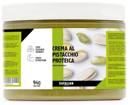 EATALIAN by AMZ BETTER Crema Proteica de Pistacho, Deliciosa Crema para Untar con un Sabor Dulce y Único, con 94 g de Proteínas, Ideal para Pan, Excelente para Dubai Chocolate, 500 gr Made in Italy