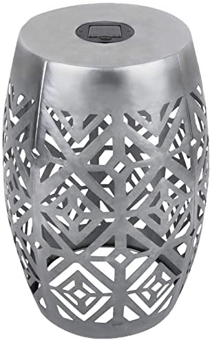 Teamson Home Beistelltisch, 32,5 cm, Diamant-Ausschnitt-Design, Eisen, Beistelltisch, Pflanzgefäß, Standhocker, mit solarbetriebenem Licht und dekorativen Schatten, silberfarben