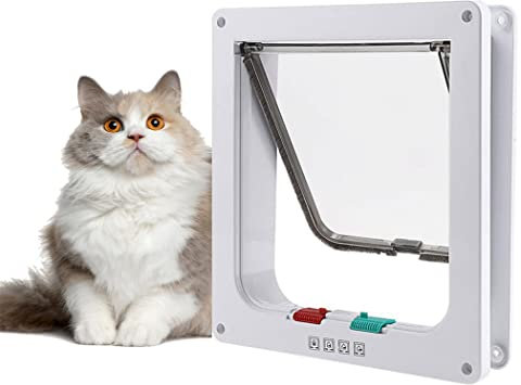 Large Cat Door 23.5 * 25 * 5.5cm,4 Way Locking Cat Flap Door,Silent Dog Door Pet Flap Easy to Install,Suitable for Cats Kitties and Kittens