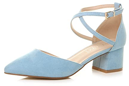 AJVANI Womens Ladies mid Block Heel Pointed Toe Cross Strap Two Part Mary Jane Court Shoes Sandals Size