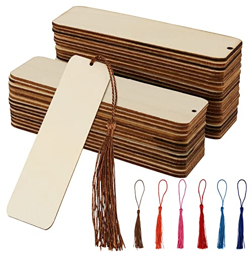 ZEONHEI 36-teiliges Lesezeichen aus Holz, rechteckig, DIY-Holz-Lesezeichen mit Quasten, unlackierte Holz-Lesezeichen für Bastelschilder, Geburtstag, Weihnachten, Party, Geschenkdekoration, 12 x 3,2 cm
