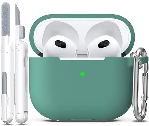 R-fun Kompatibel mit AirPods 3 Hülle 2021 Ladecase Abdeckung, Soft Silikon Schutzhülle Kompatibel mit Apple Airpod 3 Gen mit Cleaner Kit Schlüsselanhänger, Kieferngrün