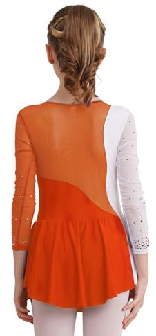 dPois Mädchen Eiskunstlauf Kleid Eislaufkleid Langarm Trikot Kleider Ballettkleid mit Strass Kinder Wettbewerb Auftritt Kostüm Ice Skating Outfit Orange 146-152/11-12 Jahre