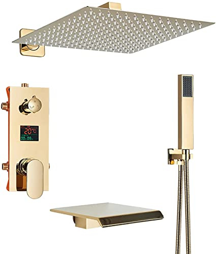 DERBUT Système de Douche Ensemble de Robinet de Douche Mural avec Affichage numérique LED Ensemble combiné de Douche à Effet Pluie Ensemble de Baignoire et de Douche dorés avec Bec de Baignoire,