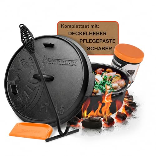 Petromax Feuertopf ft4,5-t Einsteiger-Set - Dutch Oven mit planen Boden inklusive Deckelheber, Pflegepaste und Untersetzer - für alle Grillarten und offenes Feuer - 3,5 Liter