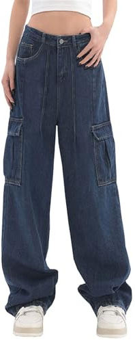 SANGTREE Girls Baggy Jeans Wide Leg Jeans Elastic Waist Casual Denim Pants Kids Clothes Cargo Dark Blue 9-10 Years = Tag 150