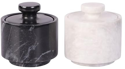 Marble Hives Marble Salt Cellar with Lid- Pack of 2 Marble Salt and Pepper Bowls- Salt Holder with Lid to Put Salt, Paprika, Pepper, and Spice (White & Black, Style 01)