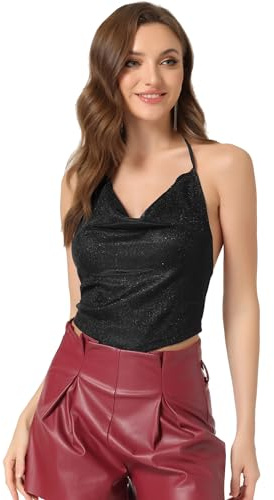 Allegra K Damen Glitzer Pailletten Top Rückenfrei Neckholder Cami-Tops