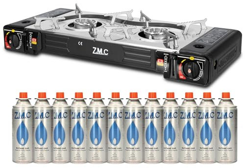 ZMC Réchaud à gaz de camping à 2 feux avec adaptateur pour raccord GPL + 12 cartouches de gaz 227 g + mallette de rangement, puissance thermique : 2,5 kW, réchaud de camping avec allumage