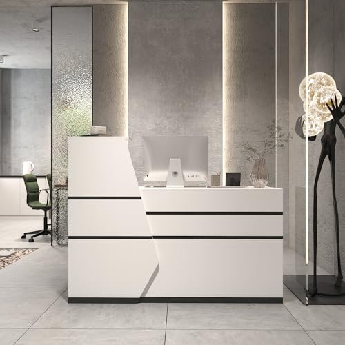 Große Empfangstheke, Empfangstresen, Bürotheke, Rezeptionstisch, Rezeptionstheke mit 1 Schubladen und 2 Einlegeböden, Empfangstheken, Rezeptionstheken mit Tastaturschublade, Weiß, 140 x 100 x 110 cm