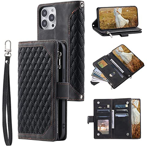 QLTYPRI Wallet Case for iPhone 15 Pro Max(6.7 inch),Luxury Quilted PU Leather Wallet Case with Card Slots for Women,Magnetic Zipper Purse Case with Wrist Strap Kickstand Shockproof Flip Cover-Black