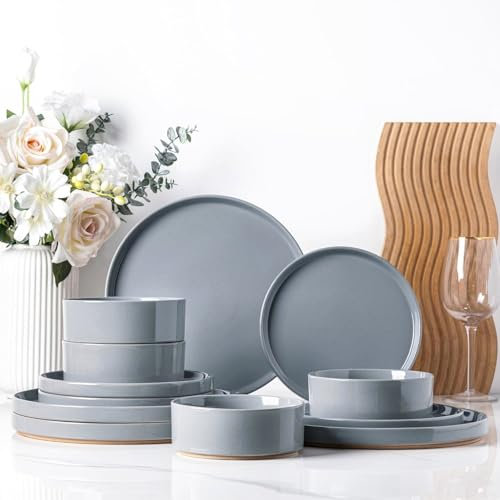 AmorArc Ceramic Dinnerware Set for 4 | Speckled Stoneware Plates and Bowls with unglazed terracotta | Scratch Resistant, Dishwasher & Microwave Safe Dishes Sets- 12-Pcs Gray