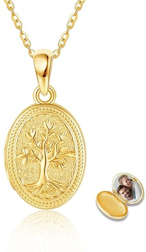 YAFEINI Medaillon-Halskette mit Lebensbaum,Sterlingsilber, vergoldet, Medaillon-Halskette mit Familienbaum des Lebens, Anhänger mit Bildern für Damenschmuck (Gold)