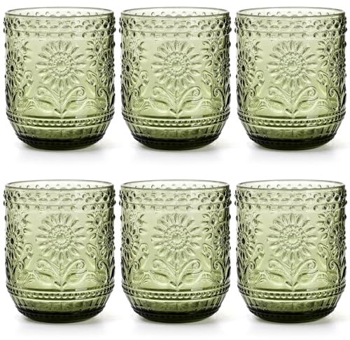 Hacaroa Set of 6 Vintage Drinking Glasses, 350 ml Green Colored Glassware Floral Embossed Water Glasses, Decorative Beverages Tumblers for Cocktail, Whiskey, Beer