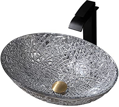 Glas-Waschbecken, ovales Badezimmer-Waschbecken, silbernes künstlerisches Waschbecken, Aufsatz-Waschtisch-Waschbecken mit Pop-Up-Ablauf, Montagering (Waschbecken mit schwarzem Wasserhahn)
