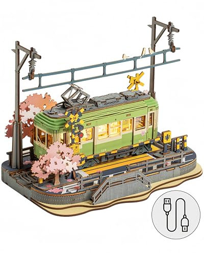 ROWOOD Sakura Journey 3D Puzzle Aus Holz, Modellbausätze Für Erwachsene Zum Bauen, DIY Japanische Sakura-Straßenbahn-Bausätze, Ideal Als Weihnachts Und Geburtstagsgeschenk