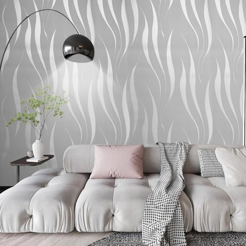 Tarwanear Silver Grey 3D Wave Stripe Wallpaper Glitter Abstract Curve Wave Grey Wall Paper Roll Modern Embossed DIY Wallpapers Flocking Striped Wallpaper for Living Room Bedroom Hallway Lounge