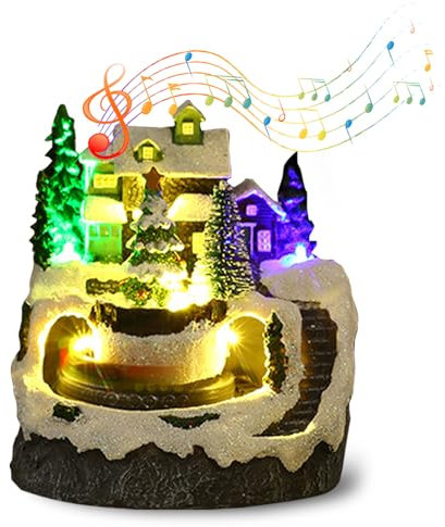 Yallmie Pueblo Navideño con Movimiento, Pueblo Navidad con Luz LED y Música, Casitas de Navidad con Tren Giratorio para Casas Navideñas Decoración, Funciona con Pilas No Incluidas (Árbol de Navidad)