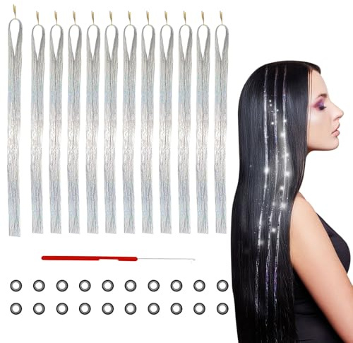 FUIPVGI 2400 Glitzer Haarsträhnen Lametta für Haare Strang Haar Lametta Kit mit Werkzeug Lametta Haarverlängerung Glitzer Haarteil, 120 cm Tinsel Hair Extensions, für Frauen Cosplay Party (Silber)