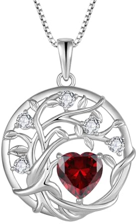 FJ Collier Arbre de Vie pour Femme Argent Sterling 925 Pendentif Grenat Collier Pierre de Naissance Janvier Bijoux Cadeaux pour Femme Maman Épouse