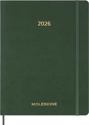 Moleskine Essential Planner 2025-2026, 15-Month Vertical Weekly Agenda, With Daily Time Slots, Flexible Cover, Myrtle Green Color, XXL Size 23.5x28.14