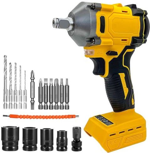 Cordless Impact Wrench 450Nm, Adjustable Torque 0-3500RPM for Trucks Cars, 1/2 Inch Brushless Motor Rotary Impact Wrench Compatible with Dewalt Battery, 4 Sockets (14/17/7/9mm),12 Drill Bits,Tool only