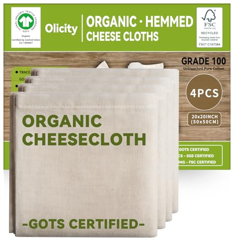 Etamine alimentaire bio Olicity - Lot de 4-50 x 50 cm - Coton bio GOTS - Mousseline culinaire réutilisable pour jus, beurre, cuisine