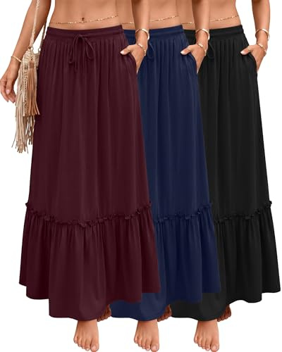 Ficerd Pack de 3 Faldas Maxi Boho para Mujer, Falda Larga de Capas con Volantes, Cintura Alta con Cordón, Vestido Casual con Bolsillos(Negro, Rojo Vino, Azul Marino,XX-L)