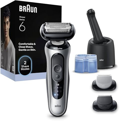 Braun Series 6 Elektrorasierer Herren, Rasierapparat mit 60 Min. Akku, 4in1 SmartCare Reinigungsstation, +2 Aufsätze, Kabelloser Nass- und Trockenrasierer für Männer, Wasserdicht, 62-S7650cc, Silber