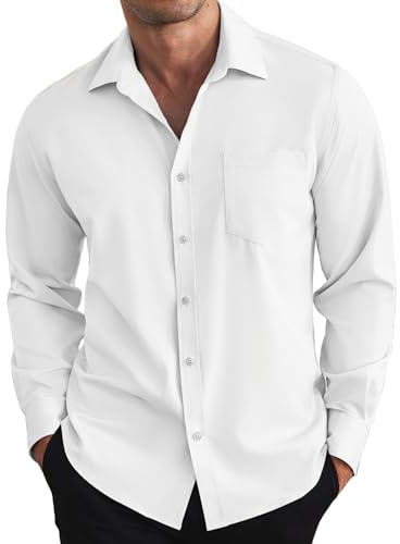 COOFANDY Camicia a Maniche Lunghe da Uomo Camicie Casual con Bottoni Camicia da Lavoro Business Stretch Camicie Formale Bianco M