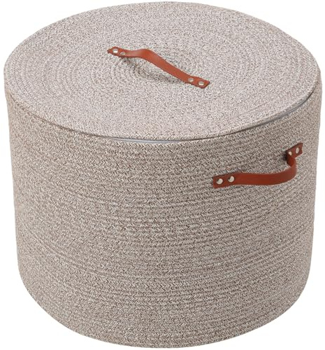 Extra Large Cotton Rope Storage Basket with Lid and Zipper, Versatile Laundry Hamper and Cloth Bin for Clothes, Towels, Blankets, Living Room Organization (All Deep Camel White Mix, 20x15)
