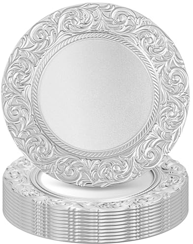 Tomeurperf Silver Charger Plates Bulk 10Pcs - 13 Silver Chargers for Dinner Plates, Round Floral Embossed Decorative Charger Plate for Wedding & Event Kitchen Party Decoration