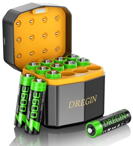 Dregin Lithium AA Rechargeable Batteries 12 Pack with Charger, 1.5V 3600mWh 2000 Cycles Li-ion Batteries with Charging Storage Box(Green)