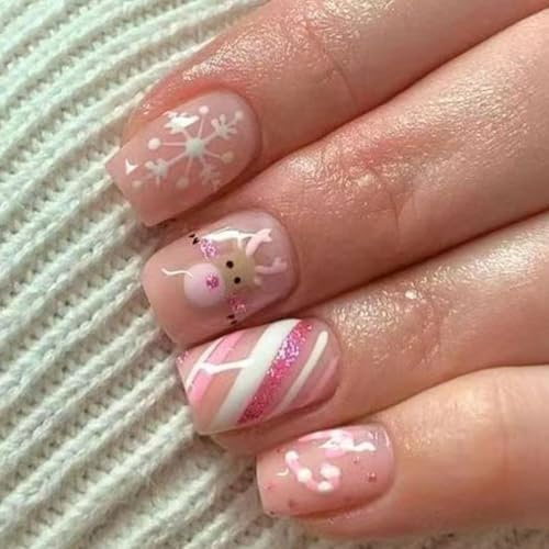 Viugex 24 Stück Weihnachten Nägel Zum Aufkleben Kurz Eckig, Französische Rosa Elch Press on Nails mit Schneeflocken & Zuckerstangen, Acryl Falsche Nägel Wiederverwendbare Künstliche Nägel für Frauen