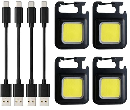 Pevlkawr Linterna de trabajo recargable LED COB USB-C - Paquete de 4 unidades, 500 lúmenes, con imán, gancho y abrebotellas - 4 modos de luz, adecuada para camping, reparaciones y emergencias