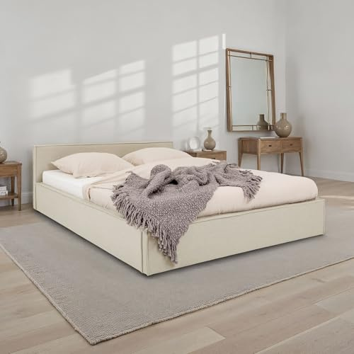IDIMEX Polsterbett Pesaro 140x200 cm, Beige – Bettgestell inkl. Lattenrost, strapazierfähiger Stoffbezug in Leinen-Optik, modernes Doppelbett mit Kopfteil für Schlafzimmer